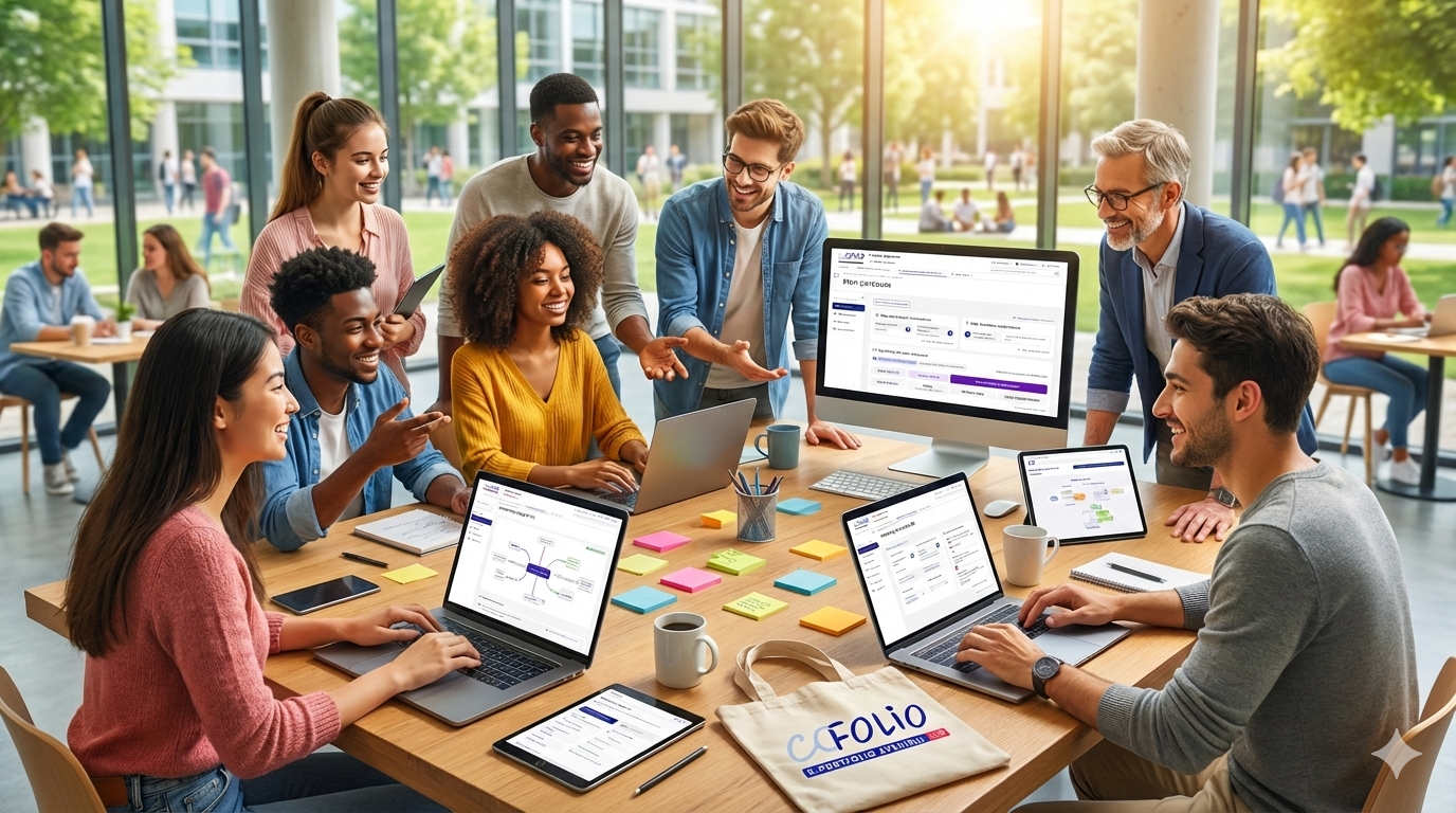 Des étudiants, enseignants et accompagnateurs travaillent ensemble sur les usages de cofolio